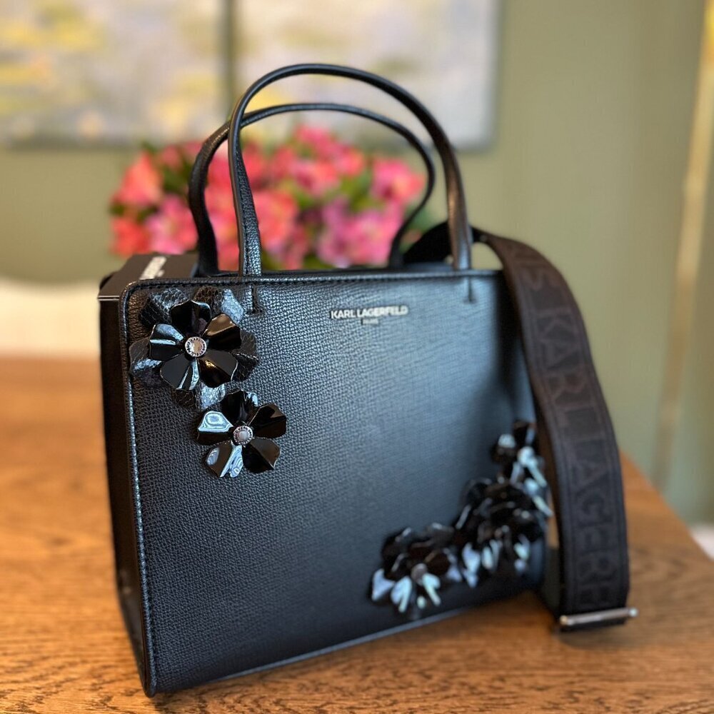 NWT！Karl Lagerfeld MAYBELLE Duo Top Handle Satchel with Pins Women -BLACK FLORAL